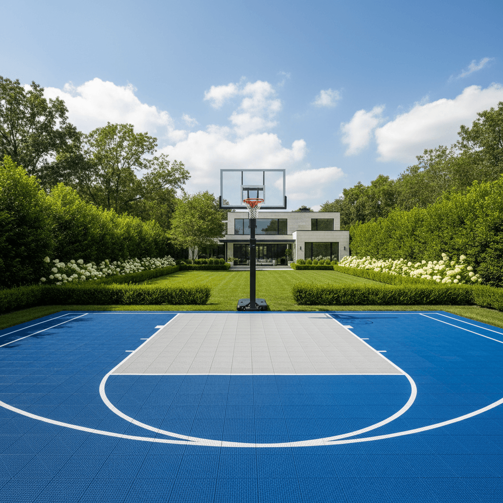 Half court basketball court in a residential backyard