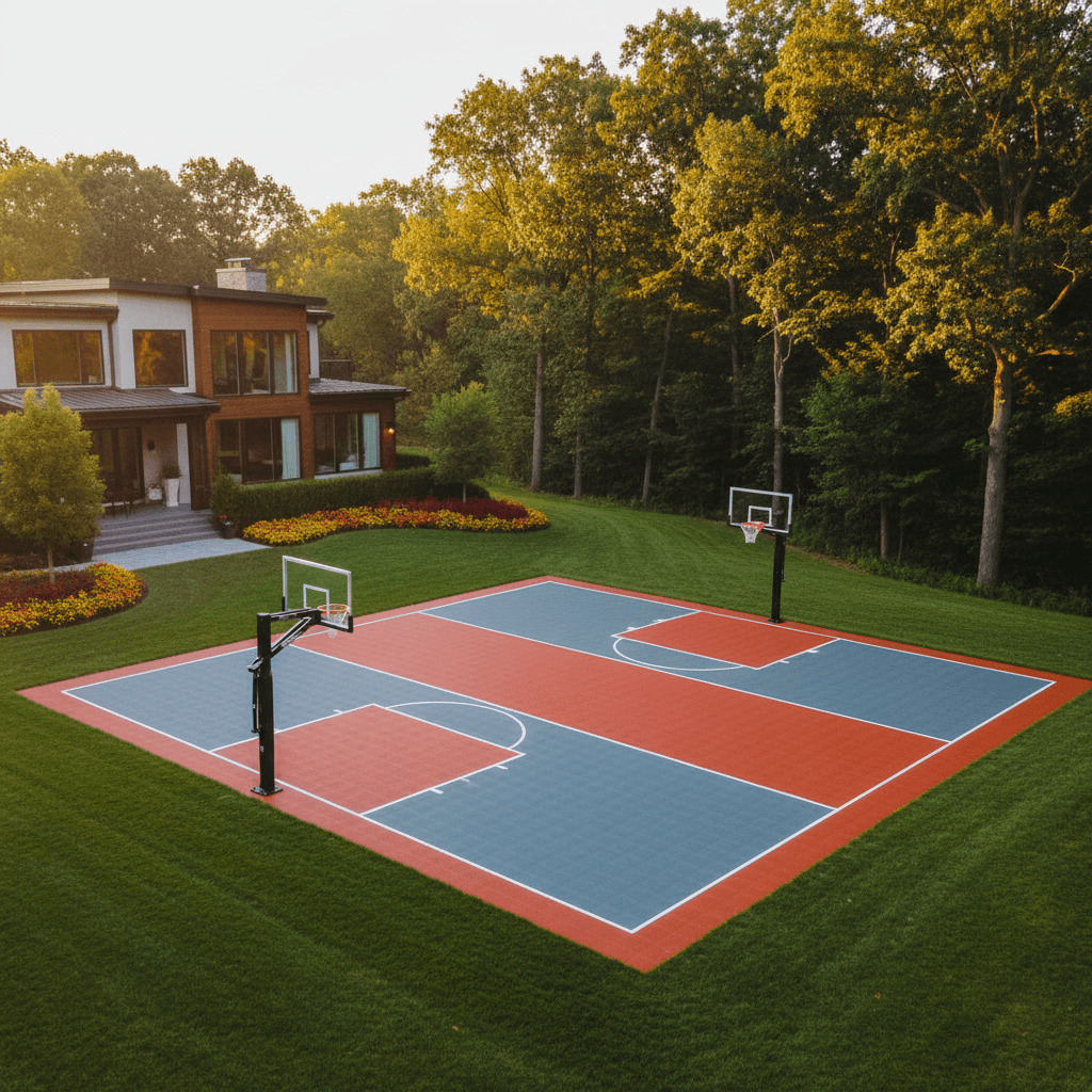 Beautiful backyard basketball court with sport tile surface and professional landscaping