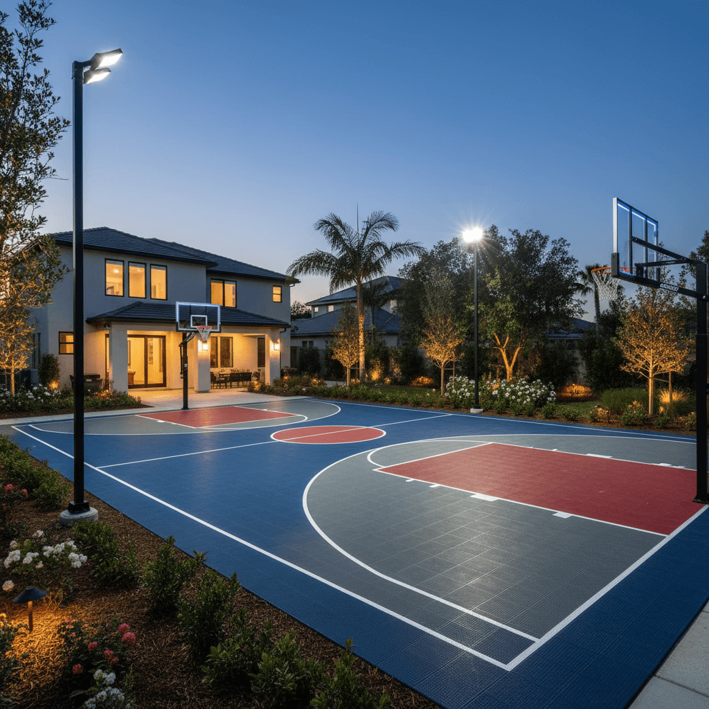 Backyard basketball court with LED lighting at dusk